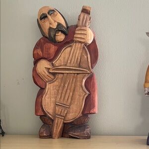 Hand-Carved Wooden Musician Sculpture - Red & Natural Wood Tones